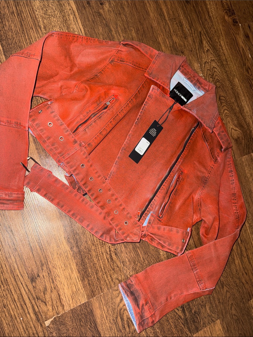 Fashion Nova Red Washed Denim Biker Jacket